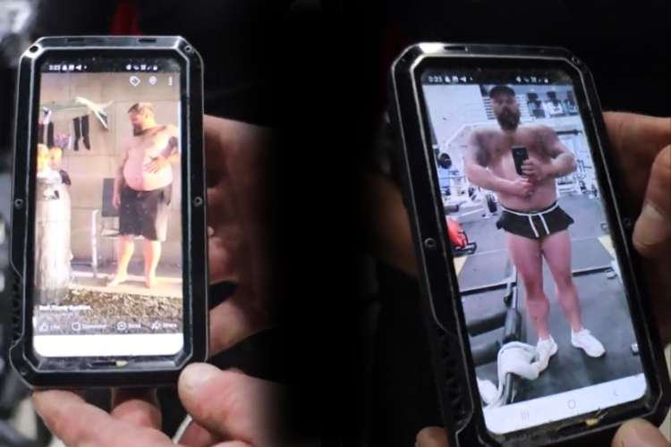 A split-screen image showing two photos on a rugged smartphone. On the left, Scott with a noticeable belly stands casually, and on the right, Scott shows off a muscular physique in CountryFit Gym Mudgee, highlighting a significant body transformation.